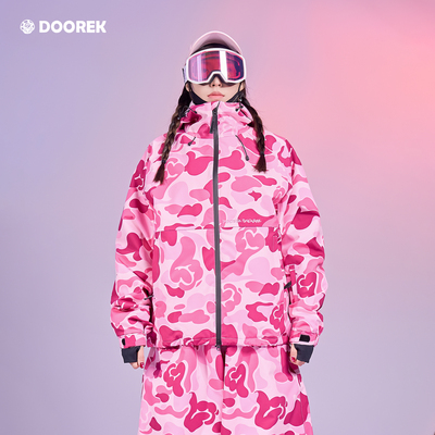 DOOREK粉色迷彩滑雪服男女单板专业防水防风保暖宽松弯刀裤户外