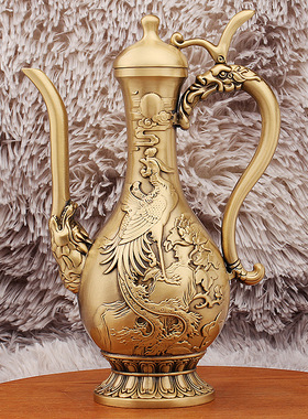 正品黄铜酒壶大号浮雕龙凤酒壶铜器铜摆件高端宴会古典礼品家居