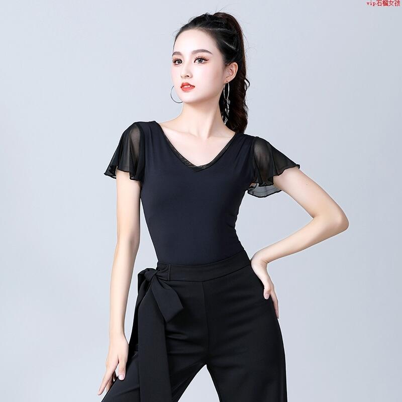 拉丁舞上衣女成年2022新款短袖跳舞服装时尚黑色国标摩登舞练功服