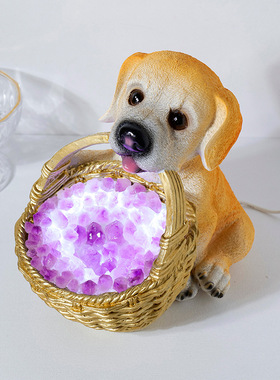 正品天然水晶碎石小夜灯狗狗金色竹篮创意usb插电家居水晶氛围灯