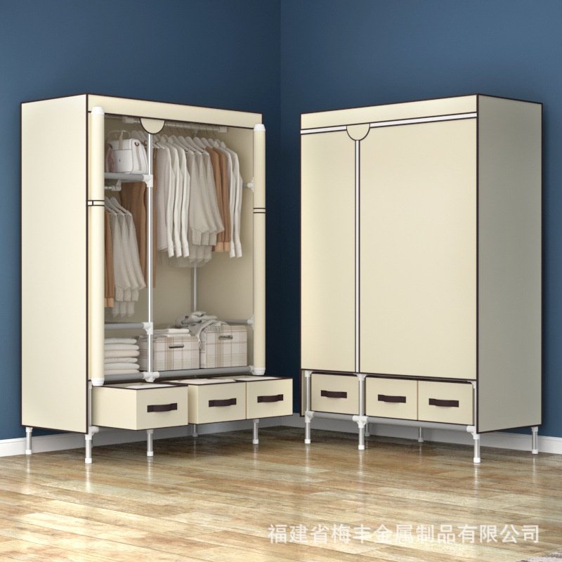 跨境简易衣柜新款布衣橱加厚加粗19管钢管112cm长送3个收纳盒