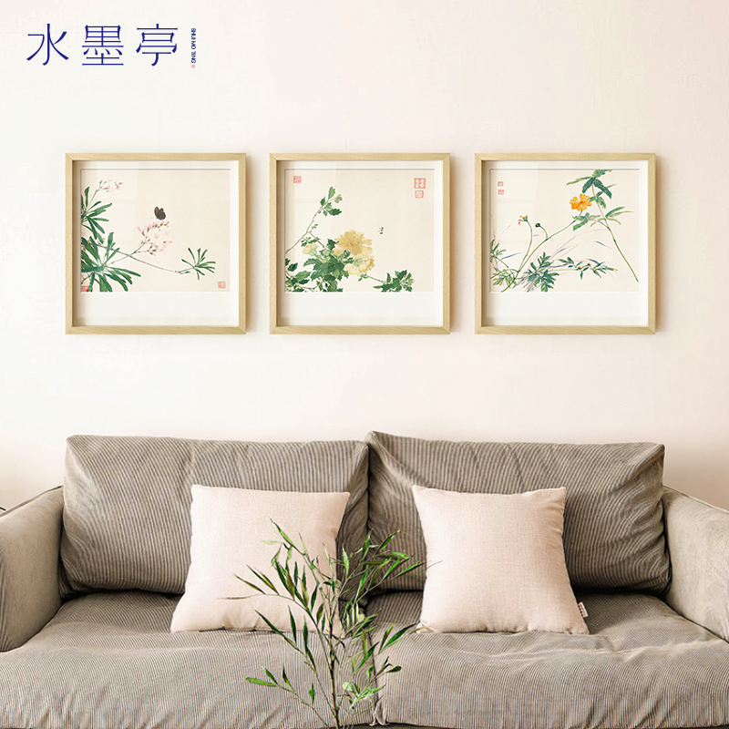 水墨亭新中式客厅沙发背景墙装饰画现代日式餐厅植物花卉挂画图片