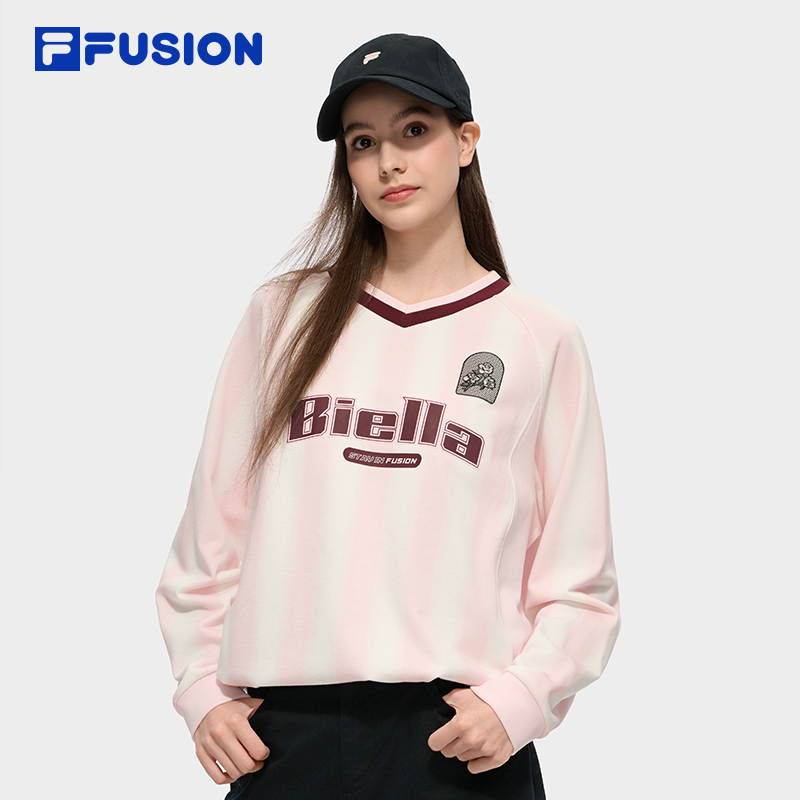 FILA FUSION斐乐潮牌女子套头卫衣2025秋季新款V领运动针织上衣