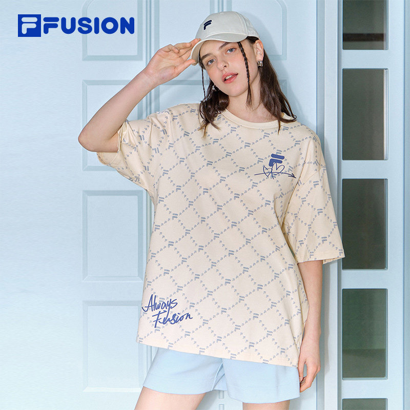 FILA FUSION斐乐情侣短袖T恤女新款夏季老花满印休闲纯棉