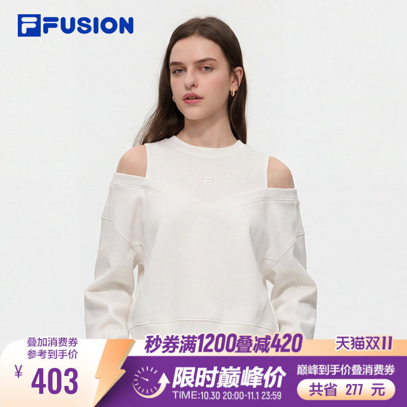 FILA FUSION斐乐卫衣女2026秋季新款宽松露肩假两件一字肩上衣女