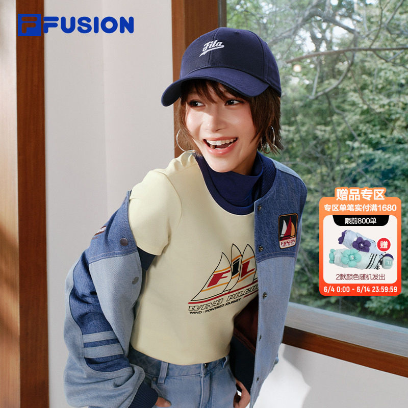 FILA FUSION斐乐潮牌牛仔外套女26夏新款休闲夹克上衣拼色棒球服