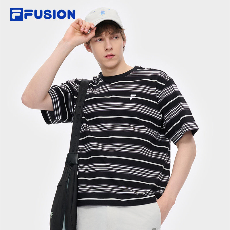 FILA FUSION斐乐潮牌男子短袖夏季条纹T恤休闲百搭宽松半