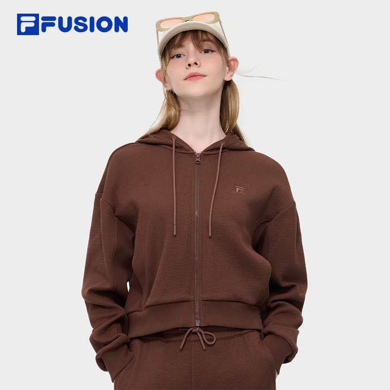 FILA FUSION斐乐连帽夹克女春季女款跑步防风衣短款华夫格外套