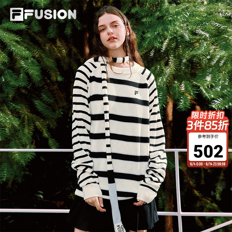 FILA FUSION斐乐潮牌女子编织衫2025冬新款条纹宽松套头毛衣围巾