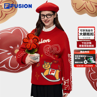 新款 2026春季 红色新年情侣毛衣男 FUSION斐乐潮牌女子编织衫 FILA