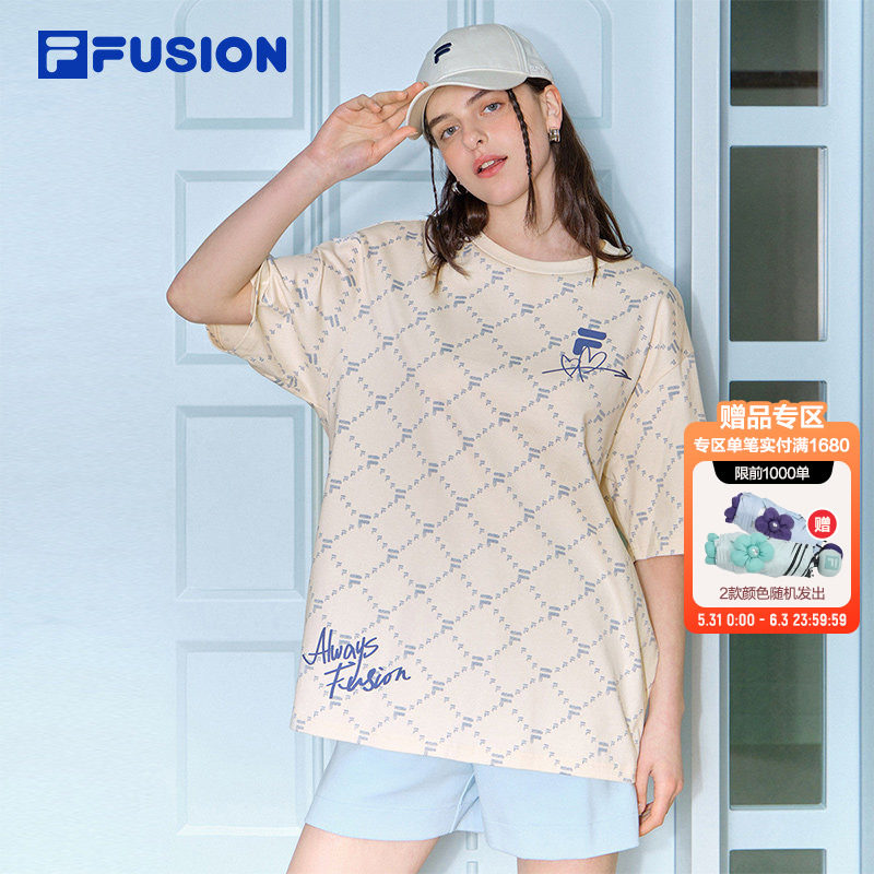 FILA FUSION斐乐情侣短袖T恤女新款夏季老花满印休闲纯棉
