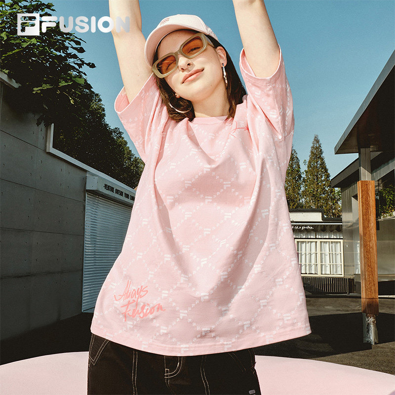FILA FUSION斐乐情侣老花t恤2025新款夏季运动男女纯