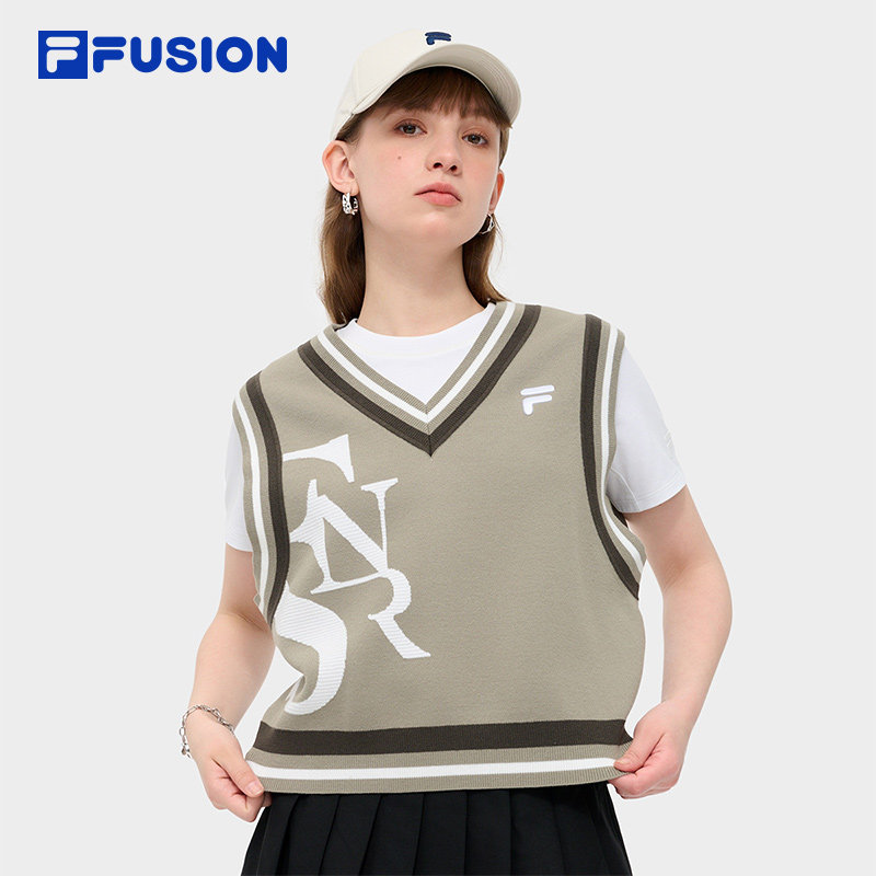 FILA FUSION斐乐编织衫女春季女款学院风毛衣宽松V领针织