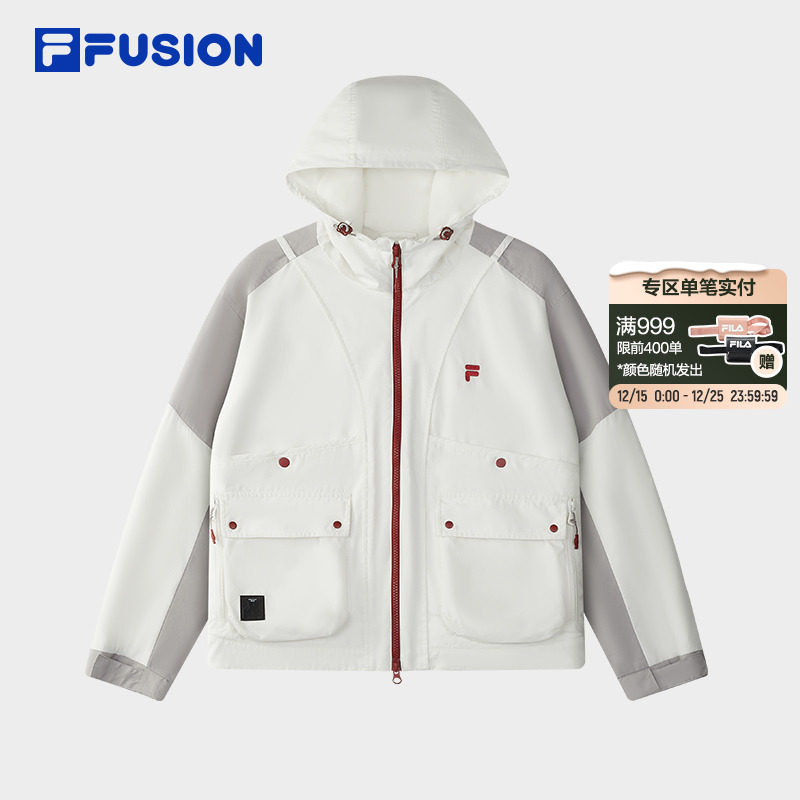 FILA FUSION斐乐潮牌梭织外套女2025冬新款休闲宽松拼色连帽外套