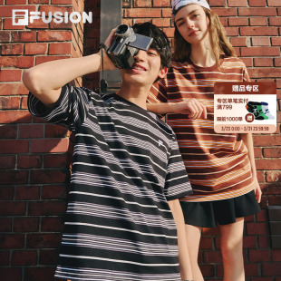 百搭休闲宽松上衣男子半袖 T恤女夏季 FUSION斐乐情侣条纹短袖 FILA