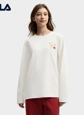 FILA 斐乐男女同款长袖T恤2026春新款情侣休闲海棠花红色长T恤