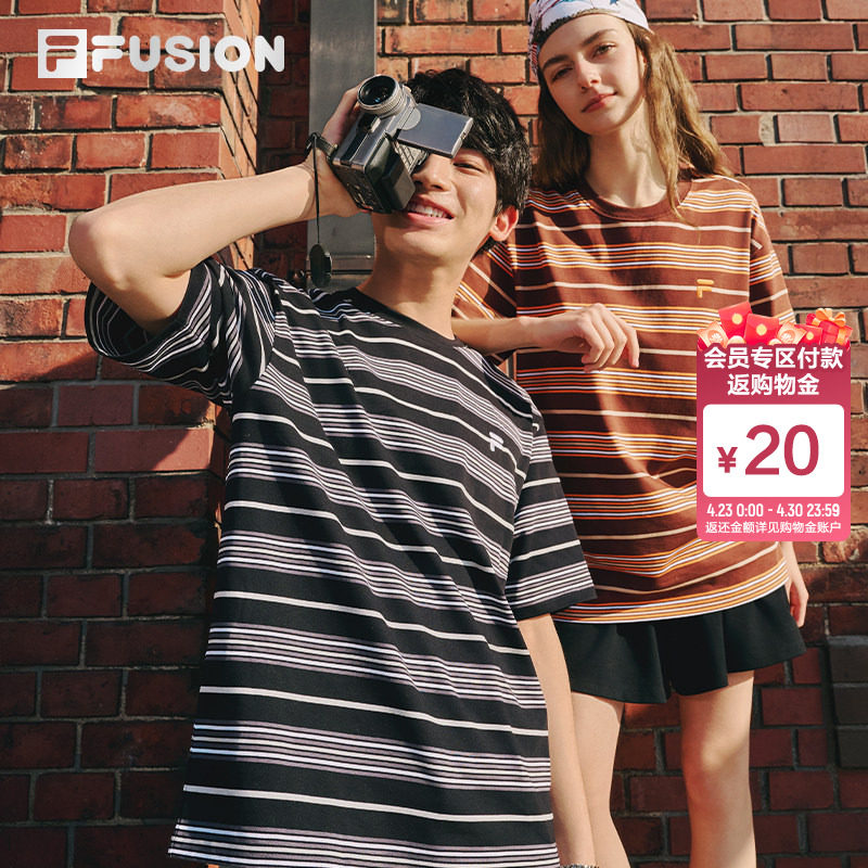 FILA FUSION斐乐情侣条纹短袖T恤女夏季百搭休闲宽松上衣男子半袖