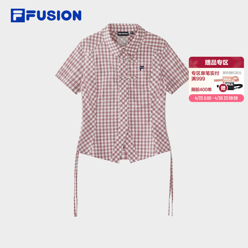 FILA FUSION斐乐潮牌女子梭织上衣2026夏季新款纯棉格子修身衬衫