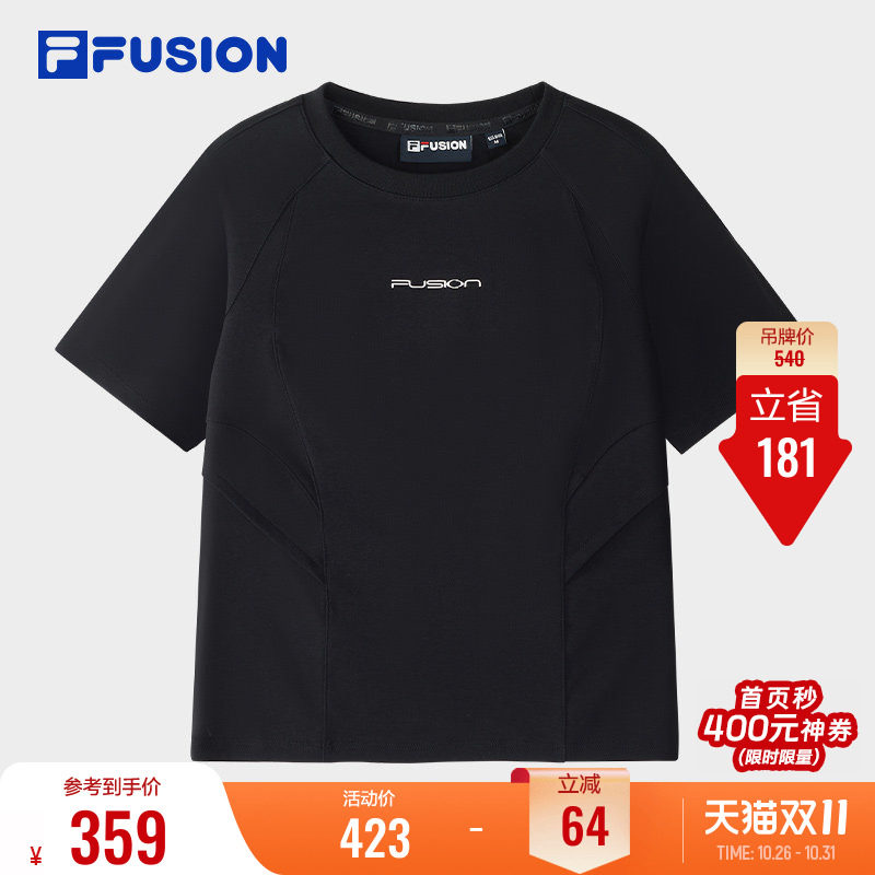 FILA FUSION斐乐潮牌女款针织短袖T恤夏季拼色紧身运动半袖上衣