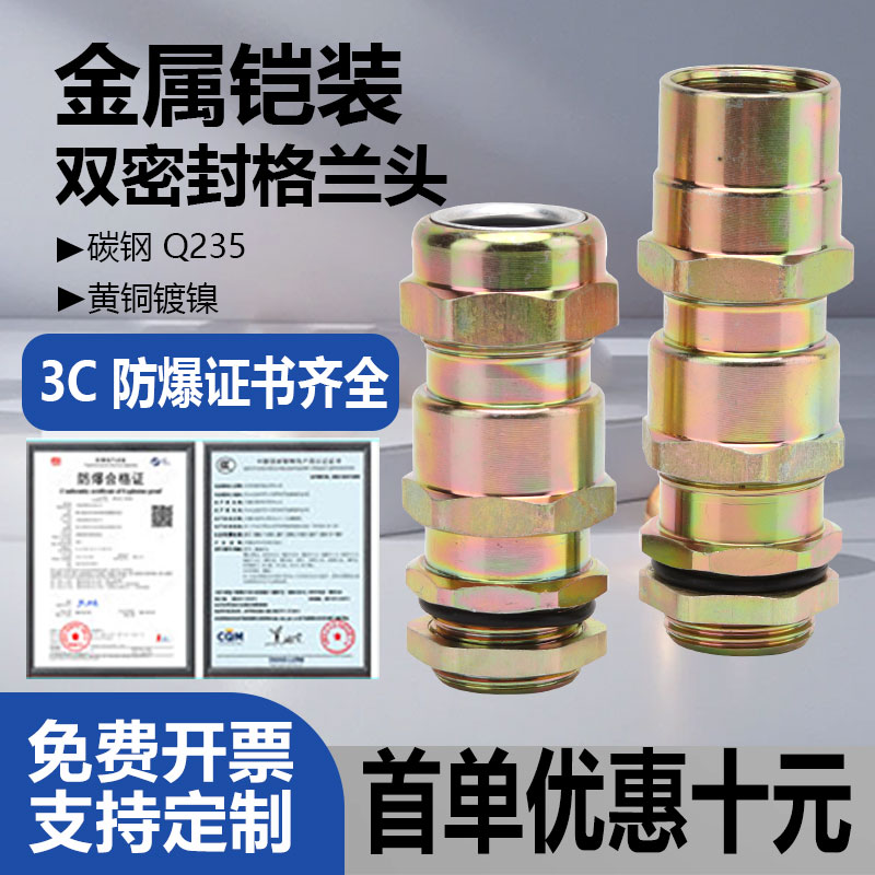 碳钢铠装电缆格兰头DN15双密封接管防爆密封夹紧接头M20*1.5内外