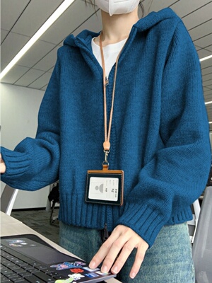 潮牌学生连帽卫衣针织开衫毛衣女秋冬时尚软糯纯色百搭外套上衣厚