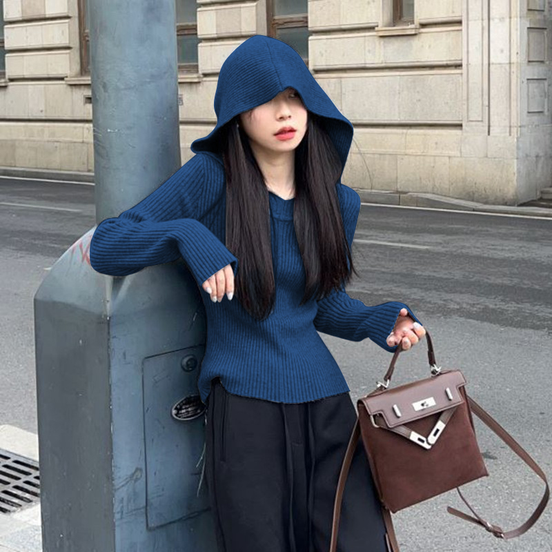 小香风复古蓝色连帽卫衣毛衣外套女秋冬新款百搭针织衫配大衣上衣