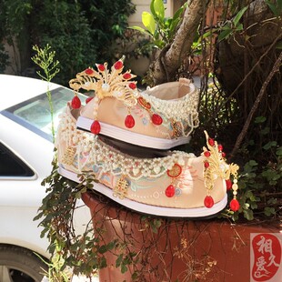 2020新款 凤凰项链香槟色绣花鞋 内增高婚鞋 新娘鞋 秀禾服 中式 秀禾鞋