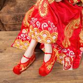 女中式 彩鞋 新娘鞋 秀禾婚鞋 红千层底高跟孕妇内增高鞋 绣花鞋 龙凤款