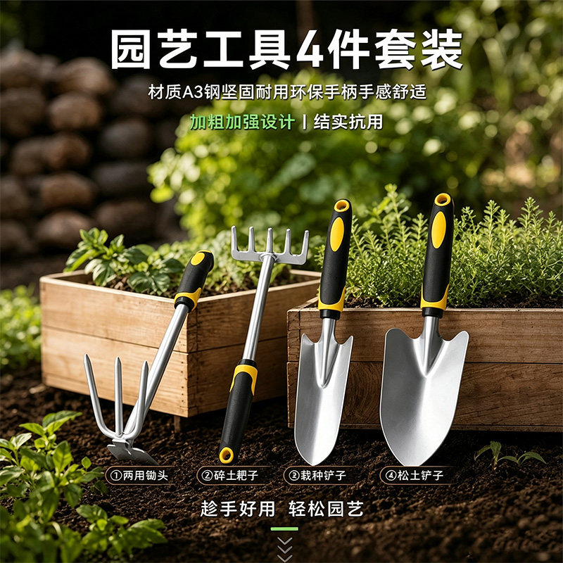 A3钢铲加厚园艺种花铲子挖土赶海神器铲工具三件套多功能花园