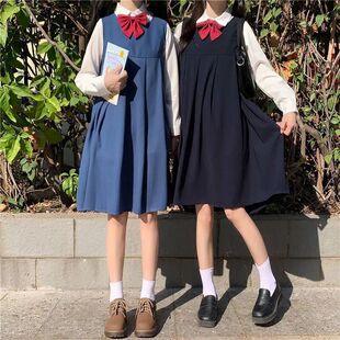 JK蝴蝶结学生两件套衬衫+背带连衣裙学院风制服春秋女宽松中长款