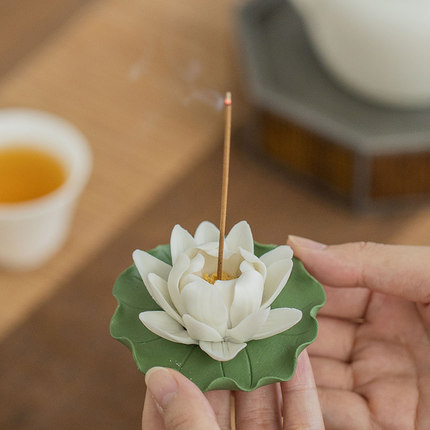 达埔香炉家用室内香薰炉陶瓷香插点香座禅意莲花线香底座茶道香托