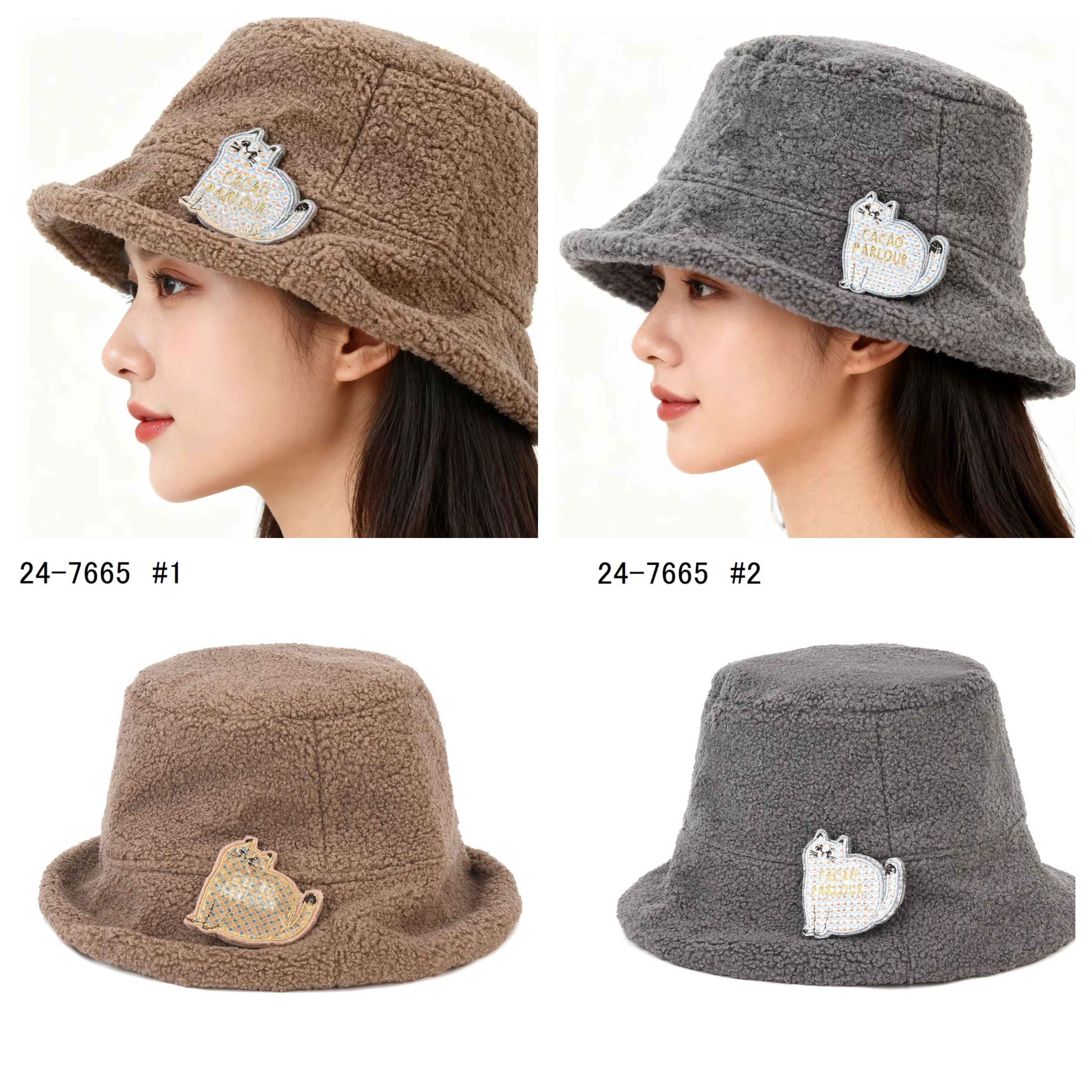 日本原单kusuguru刺绣胖猫咪胸针帽子仿羊羔毛灯芯绒双面戴渔夫帽