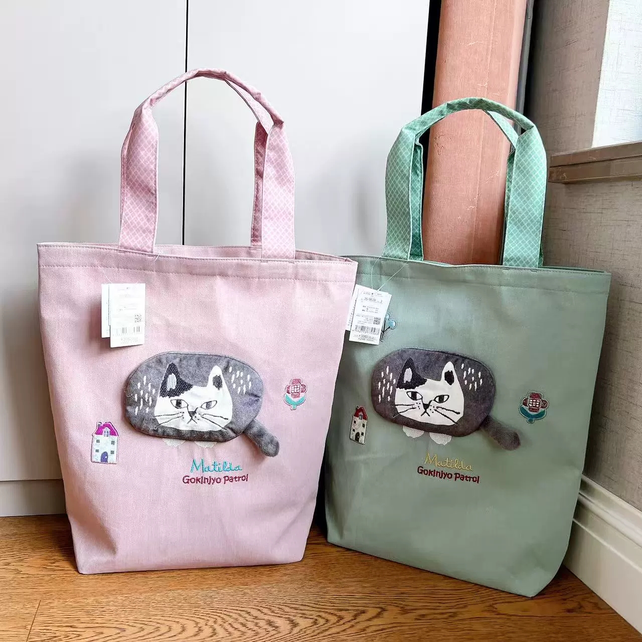 日本Kusuguru正品刺绣爬猫单肩包手提包补习包手拎包布艺通勤501