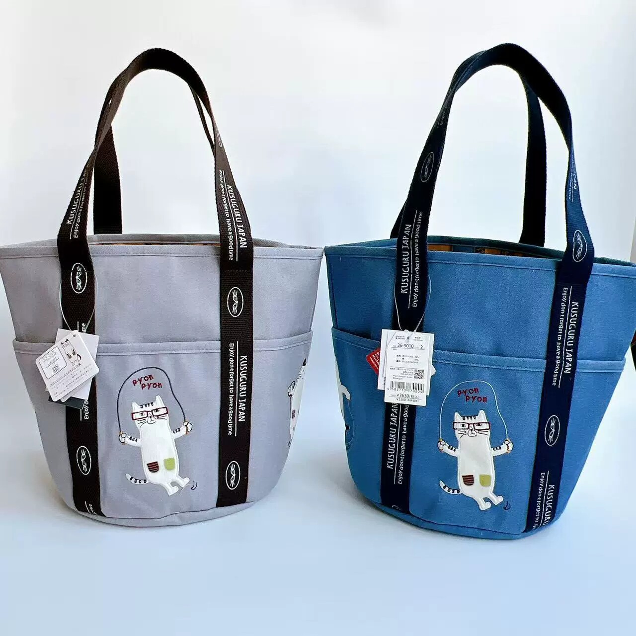 日本Kusuguru正品刺绣猫咪手提包手拎包水桶包帆布包袋通勤包500