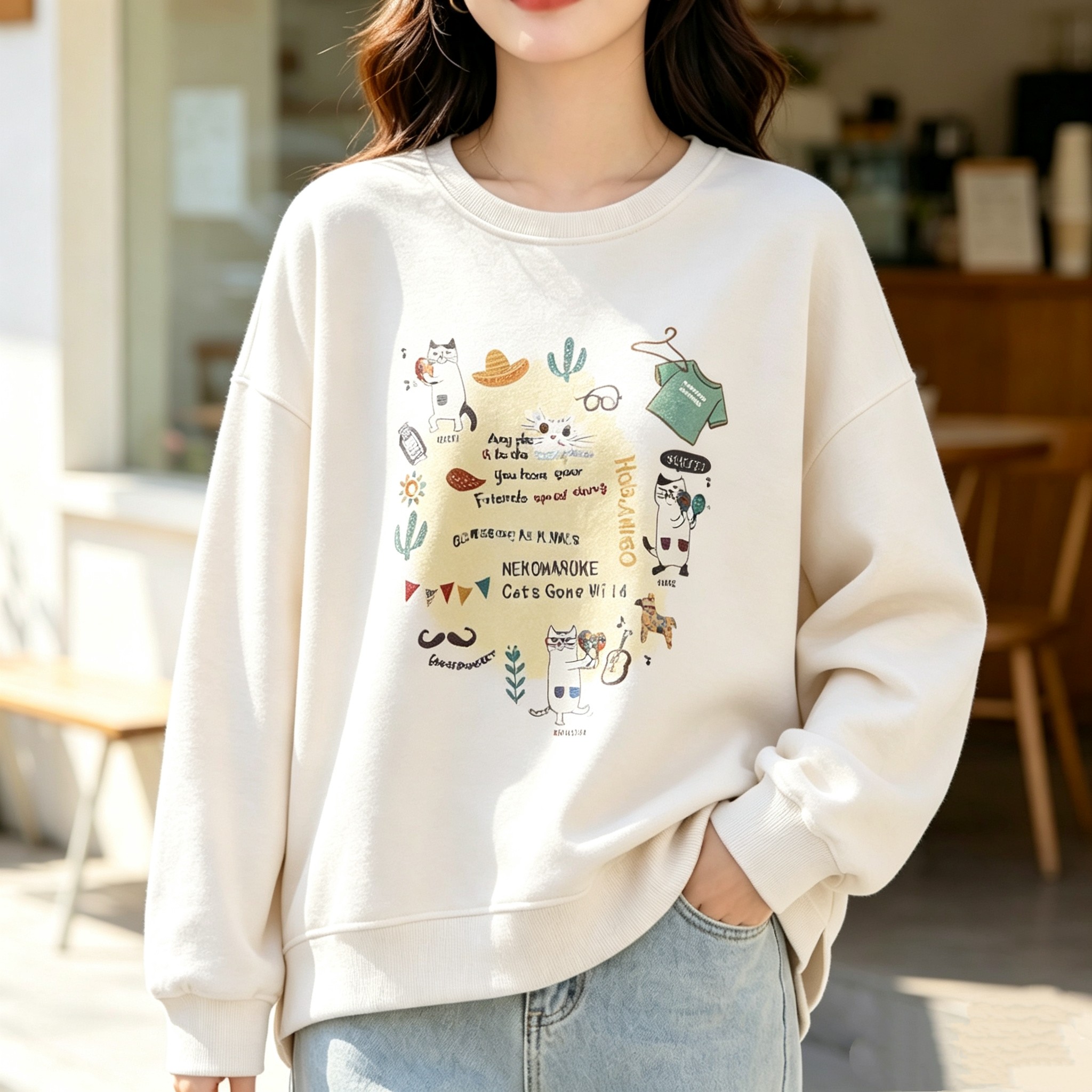 日系猫咪印花刺绣圆领卫衣女 前短后长侧开叉宽松棉质套头上衣