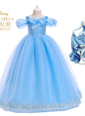 新款女童迪士尼电影版灰姑娘公主裙万圣节礼服Cinderella cos服