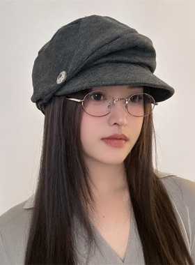 清冷感~春秋软顶针织堆堆帽女云朵褶皱显脸小贝雷帽慵懒风报童帽