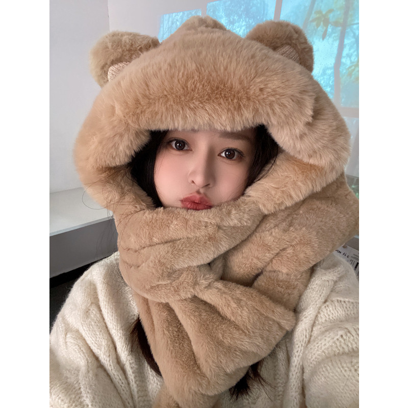 小熊帽子秋冬女帽子围巾手套一体帽子