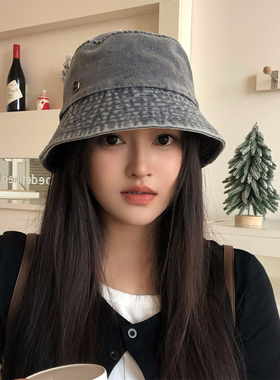 复古水洗牛仔渔夫帽女韩系做旧水桶帽日系秋季百搭显脸小遮阳盆帽