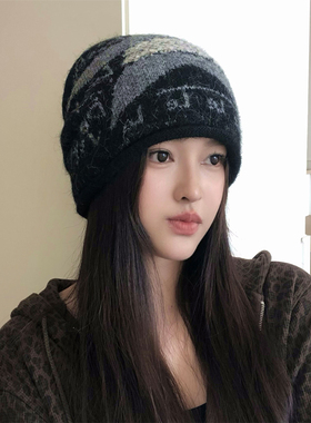 慵懒风星星针织堆堆帽女秋冬新款复古松弛感男情侣保暖护耳毛线帽