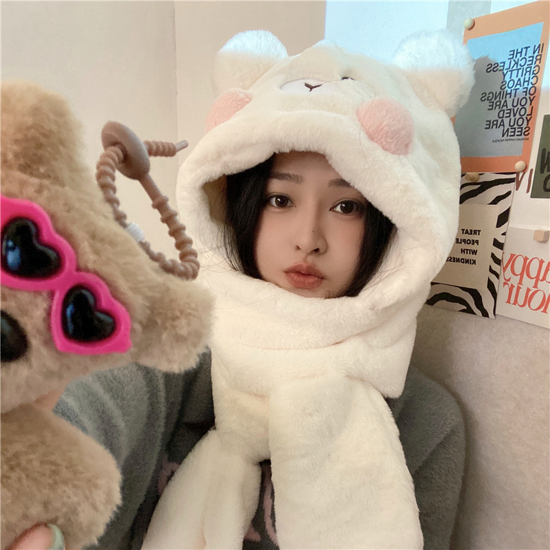 可爱小熊帽子围巾一体女冬季加厚保暖毛绒护耳防寒围脖手套三件套