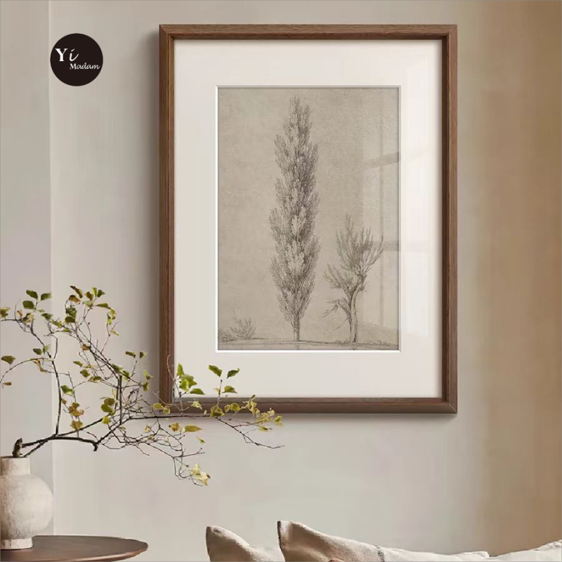《树》黑白素描法式复古中古风客厅壁画玄关走廊书房实木装饰挂画图片