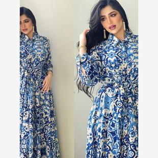 New Muslim Women's Lapel Printed Long Sleeve Dress with Belt