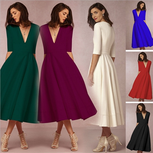 Women Long Dress Elegant Party Evening Dresses性感中袖连衣裙