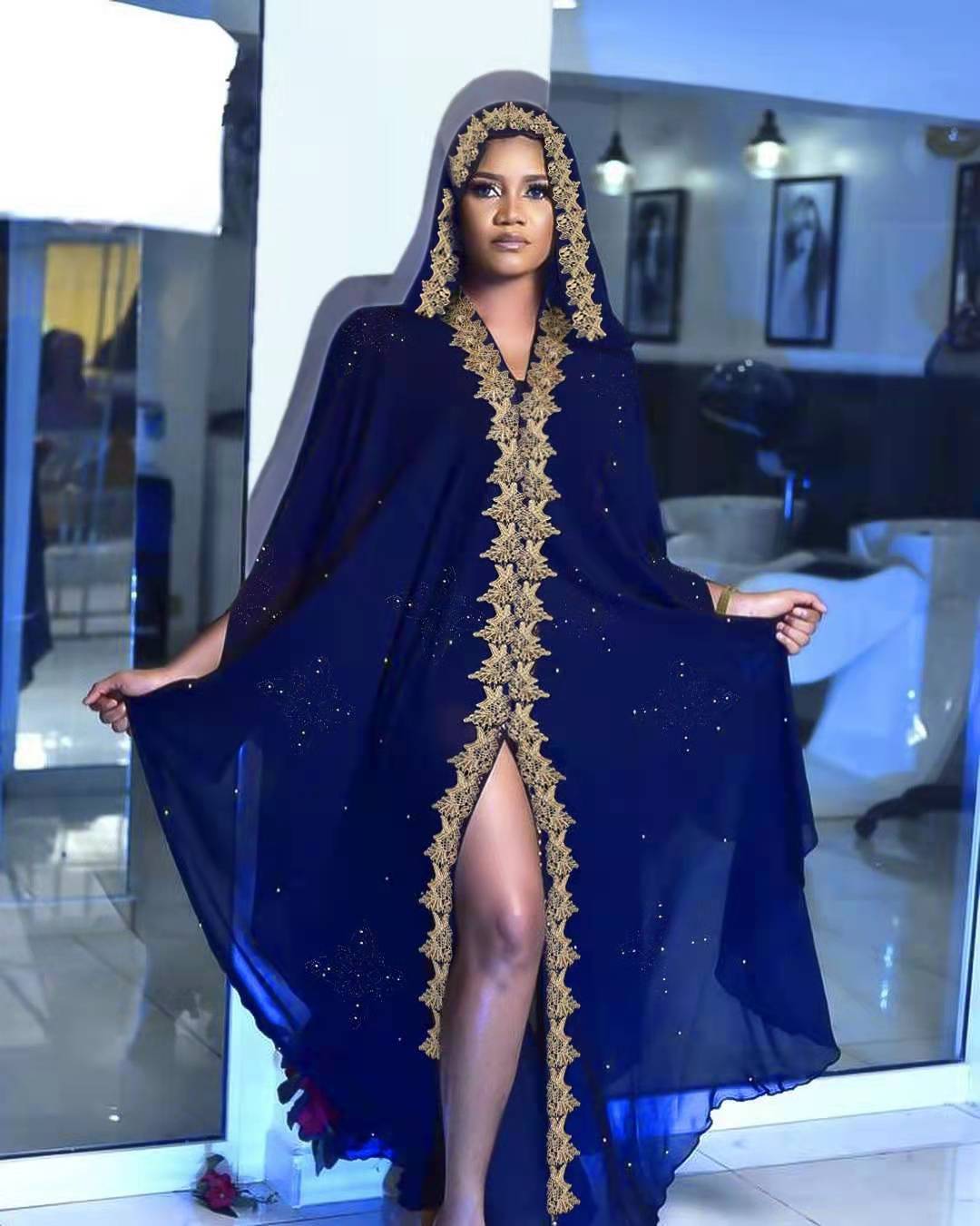 African plus size hot diamond bead embroidery hooded dress