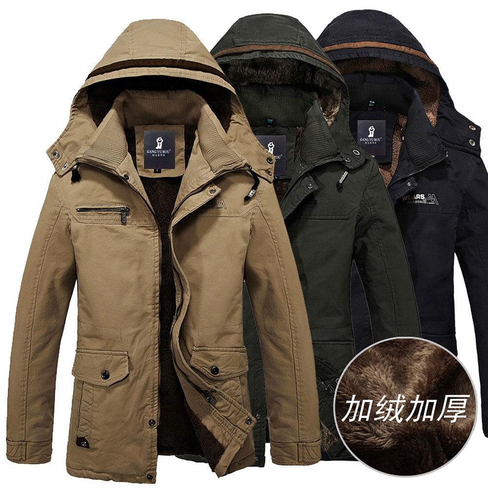Mens Fur Lined Jacket Thick Long Warm Winter Coat 男加绒棉衣