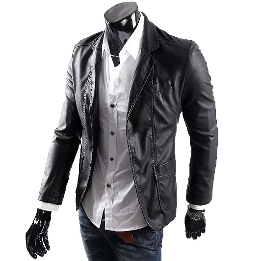 时尚男士PU皮休闲西装皮衣夹克西服外套 Men's Leather Suit Coat