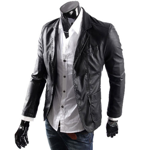 时尚男士PU皮休闲西装皮衣夹克西服外套 Men's Leather Suit Coat