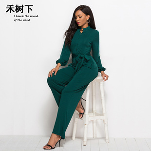 Long Jumpsuit Elegant Elastic复古优雅连体裤阔腿长裤女大码