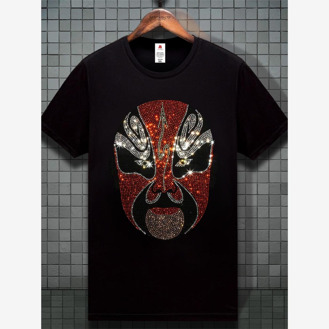Mask Unique Man Diamond Stone T-shirt 男京剧脸谱烫钻短袖T恤